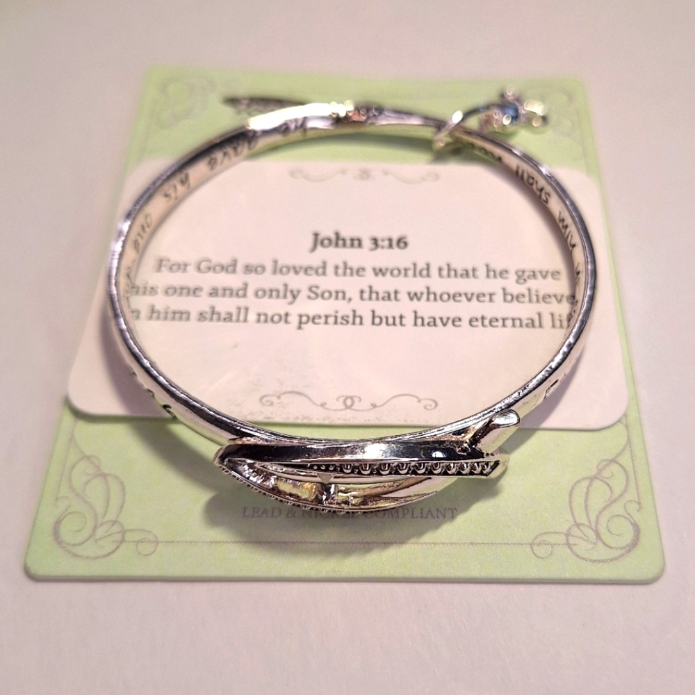 John 3:16 Inspirational Silver Tone Bangle Bracelet with Black Accents NWT - Picture 6 of 7